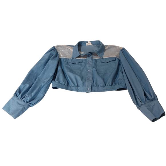 Western Crop Top Blouse XL Puffy Sleeves Mesh Sparkly Sequins Coquette Country - Picture 6 of 10